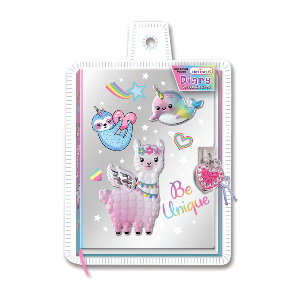 Diary w/Lock & Key Magical Friend Sloth, Narwahl, Llama