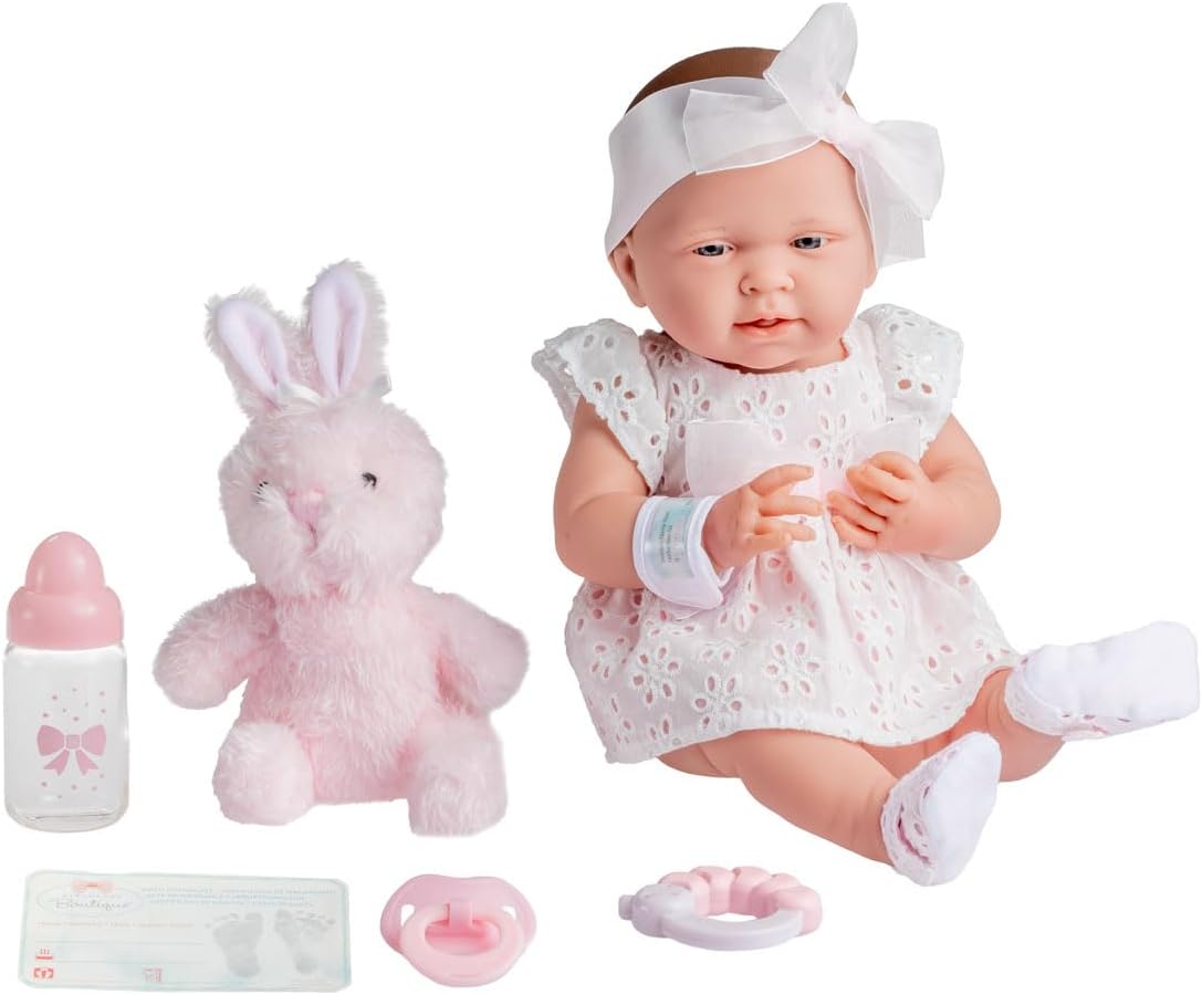 La Newborn 15.5" Baby Doll in White Eyelet Dress