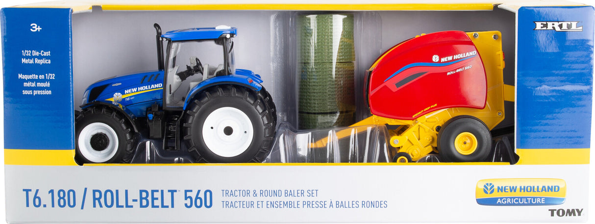 New Holland 1:32 Scale T6.180 Tractor and Roll-Belt 560 Round Baler Toy Set