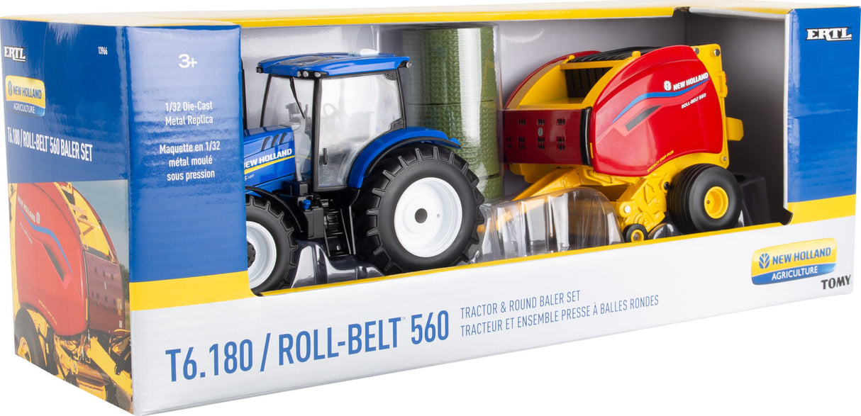 New Holland 1:32 Scale T6.180 Tractor and Roll-Belt 560 Round Baler Toy Set