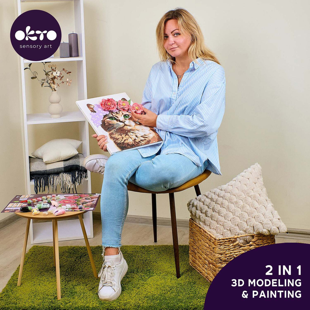 OKTO Air-Dry Clay 3D Painting Kit - Kit a Cat in a Flower Crown (11.8 x 15.7 in)