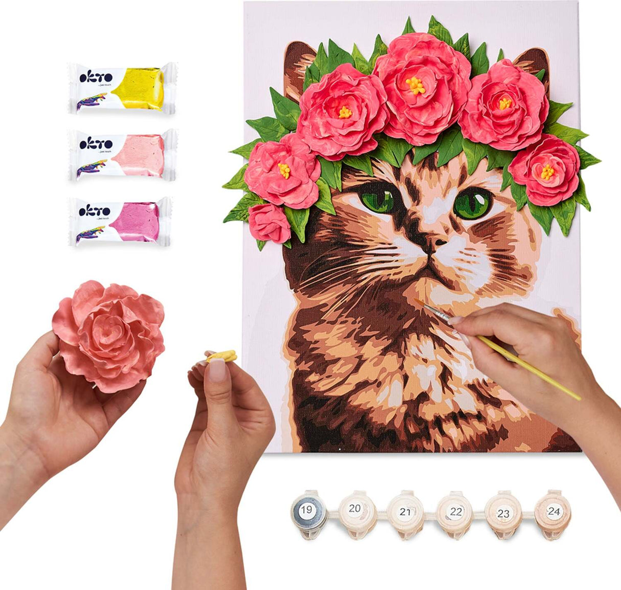 OKTO Air-Dry Clay 3D Painting Kit - Kit a Cat in a Flower Crown (11.8 x 15.7 in)